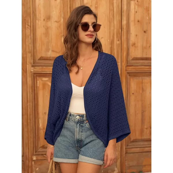 GRACE KARIN Open Front 34 Sleeve Batwing Cardigan for Women Lightweight Crochet Summer Cardigan Hollowout Cover UpsNavy Blue