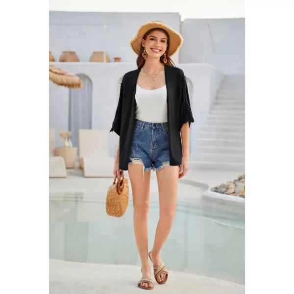 GRACE KARIN Open Front Cardigan for Women Kimono Lace Short Sleeve Summer Cardigan Shrug Loose Cover ups Casual TopsBlack