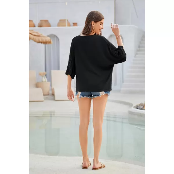 GRACE KARIN Open Front Cardigan for Women Kimono Lace Short Sleeve Summer Cardigan Shrug Loose Cover ups Casual TopsBlack