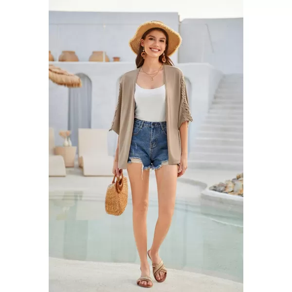 GRACE KARIN Open Front Cardigan for Women Kimono Lace Short Sleeve Summer Cardigan Shrug Loose Cover ups Casual TopsKhaki