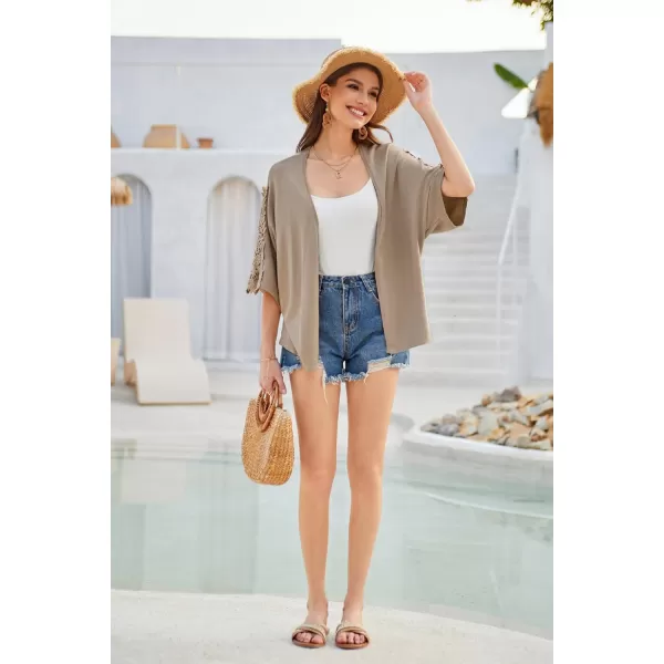 GRACE KARIN Open Front Cardigan for Women Kimono Lace Short Sleeve Summer Cardigan Shrug Loose Cover ups Casual TopsKhaki