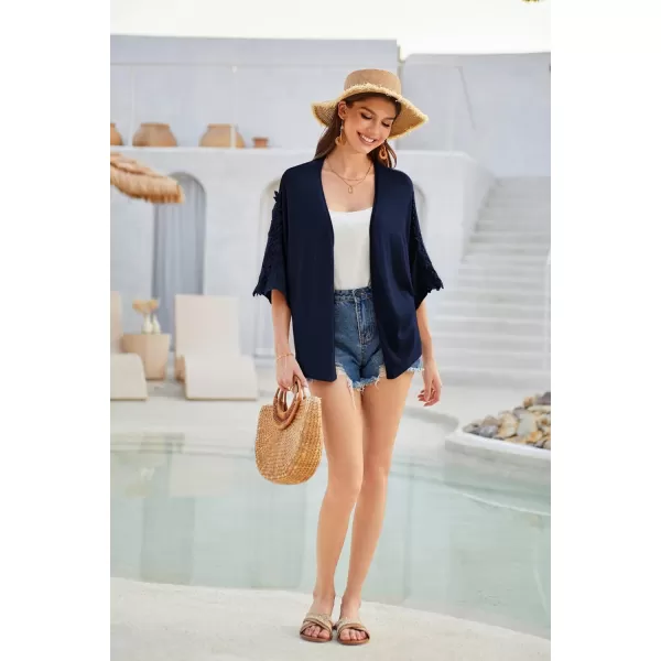 GRACE KARIN Open Front Cardigan for Women Kimono Lace Short Sleeve Summer Cardigan Shrug Loose Cover ups Casual TopsNavy Blue