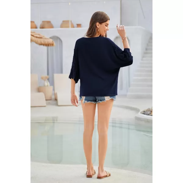 GRACE KARIN Open Front Cardigan for Women Kimono Lace Short Sleeve Summer Cardigan Shrug Loose Cover ups Casual TopsNavy Blue