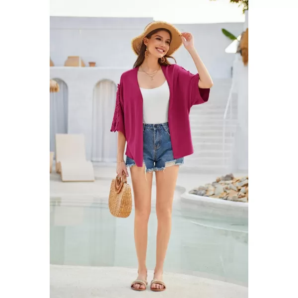 GRACE KARIN Open Front Cardigan for Women Kimono Lace Short Sleeve Summer Cardigan Shrug Loose Cover ups Casual TopsRose Red