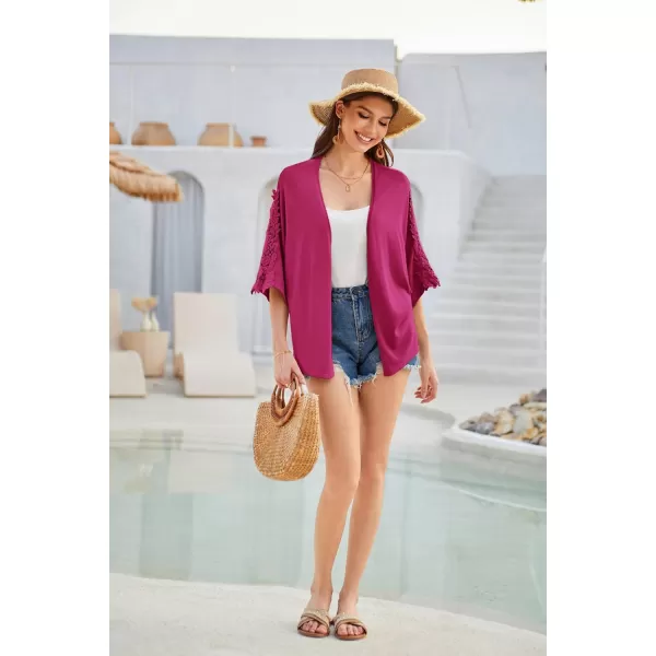 GRACE KARIN Open Front Cardigan for Women Kimono Lace Short Sleeve Summer Cardigan Shrug Loose Cover ups Casual TopsRose Red