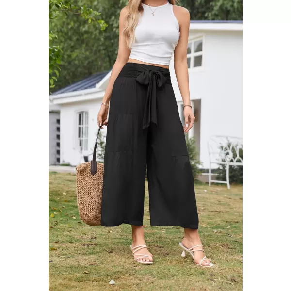 GRACE KARIN Palazzo Pants for Women Casual Elastic Waist Wide Leg Summer High Waisted Trousers Lounge Tie Knot LooseBlack