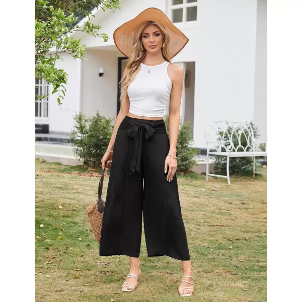 GRACE KARIN Palazzo Pants for Women Casual Elastic Waist Wide Leg Summer High Waisted Trousers Lounge Tie Knot LooseBlack