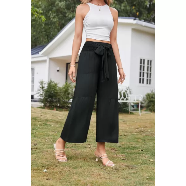 GRACE KARIN Palazzo Pants for Women Casual Elastic Waist Wide Leg Summer High Waisted Trousers Lounge Tie Knot LooseBlack