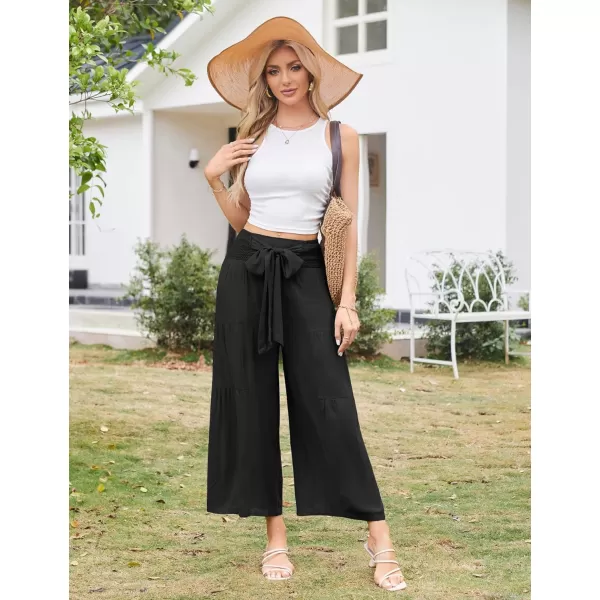 GRACE KARIN Palazzo Pants for Women Casual Elastic Waist Wide Leg Summer High Waisted Trousers Lounge Tie Knot LooseBlack