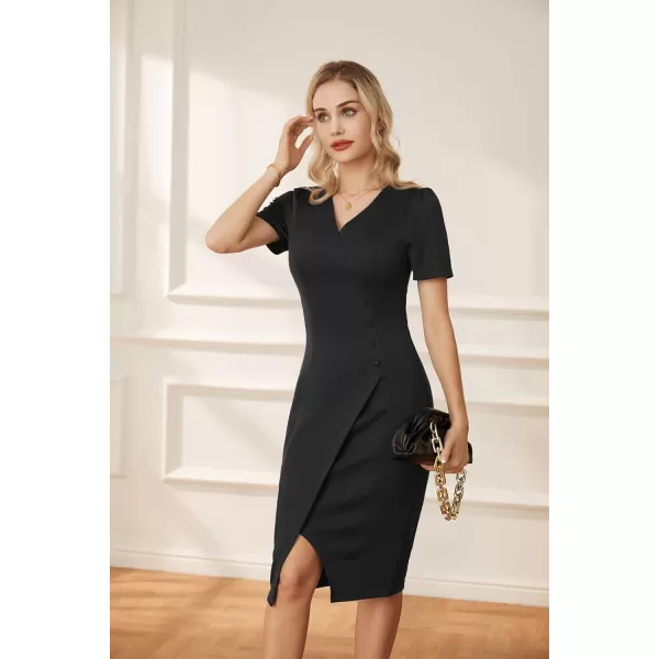 GRACE KARIN Pencil Work Dresses for Women Puff Short Sleeve Office Wrap Slit Summer DressBlack