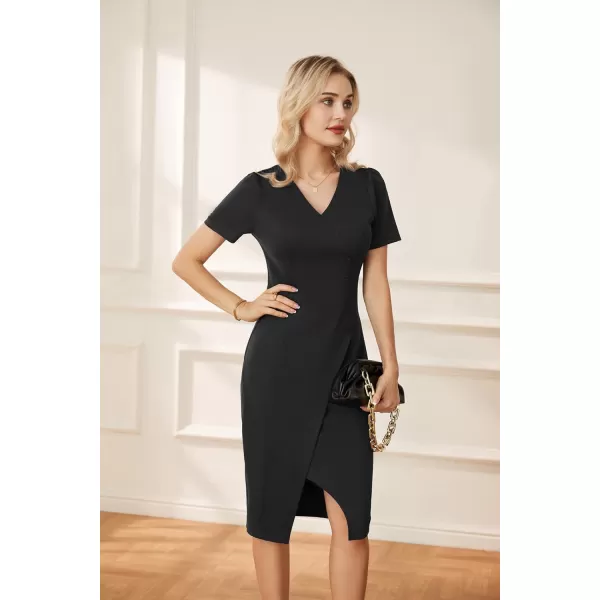 GRACE KARIN Pencil Work Dresses for Women Puff Short Sleeve Office Wrap Slit Summer DressBlack