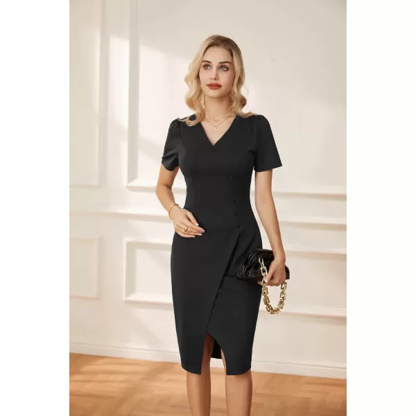 GRACE KARIN Pencil Work Dresses for Women Puff Short Sleeve Office Wrap Slit Summer DressBlack