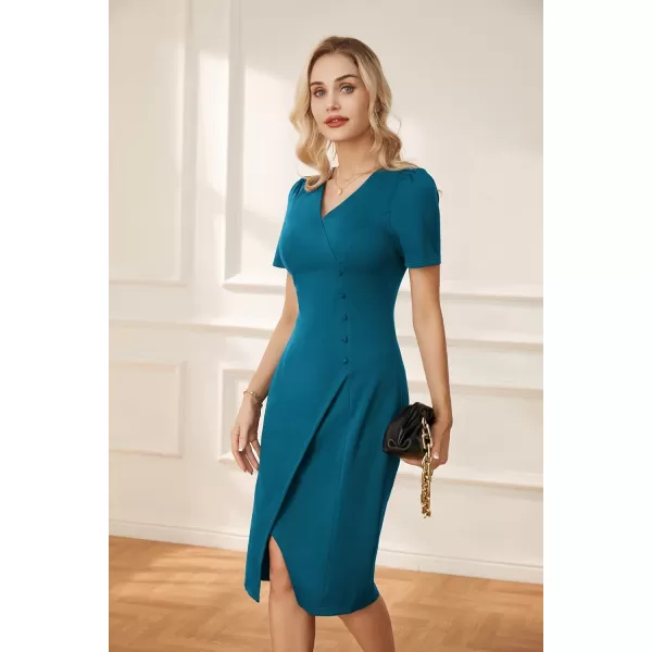 GRACE KARIN Pencil Work Dresses for Women Puff Short Sleeve Office Wrap Slit Summer DressPeacock Blue