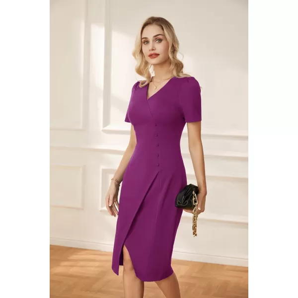 GRACE KARIN Pencil Work Dresses for Women Puff Short Sleeve Office Wrap Slit Summer DressPurple