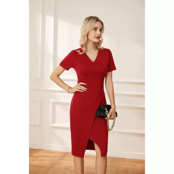 GRACE KARIN Pencil Work Dresses for Women Puff Short Sleeve Office Wrap Slit Summer DressRed