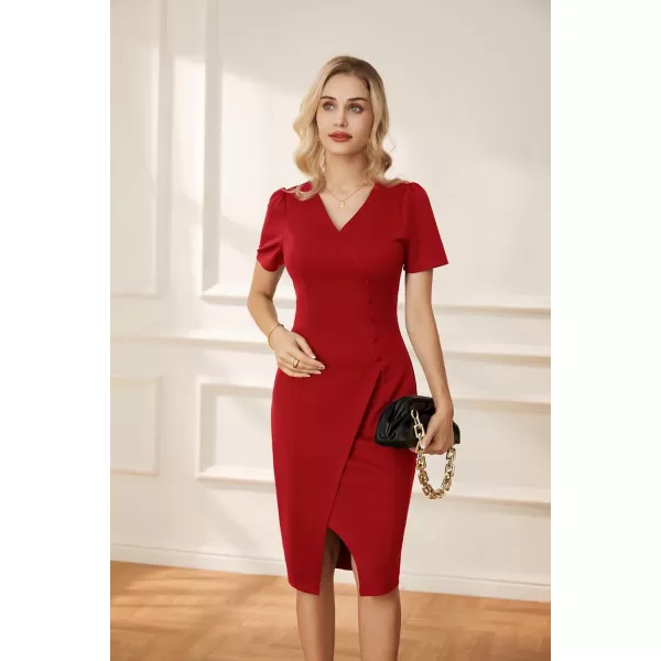 GRACE KARIN Pencil Work Dresses for Women Puff Short Sleeve Office Wrap Slit Summer DressRed