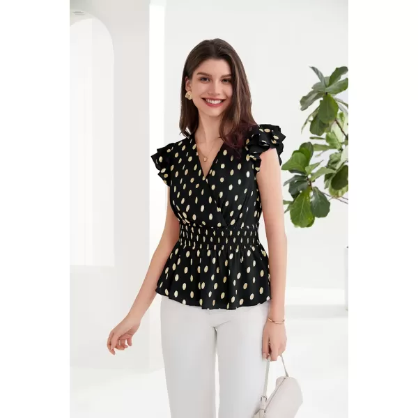 GRACE KARIN Peplum Tops for Women Wrap V Neck Business Casual Blouses Short Sleeve Polka Dot Ruffle Summer Tops ShirtsBlack