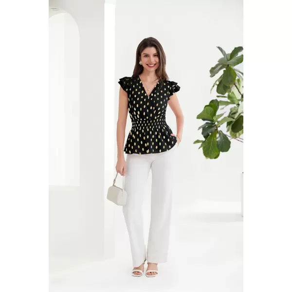 GRACE KARIN Peplum Tops for Women Wrap V Neck Business Casual Blouses Short Sleeve Polka Dot Ruffle Summer Tops ShirtsBlack