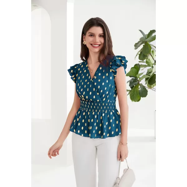 GRACE KARIN Peplum Tops for Women Wrap V Neck Business Casual Blouses Short Sleeve Polka Dot Ruffle Summer Tops ShirtsBlue Green