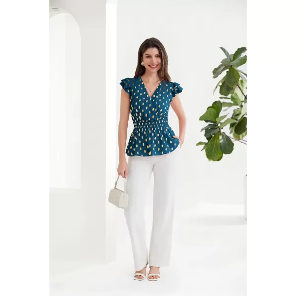 GRACE KARIN Peplum Tops for Women Wrap V Neck Business Casual Blouses Short Sleeve Polka Dot Ruffle Summer Tops ShirtsBlue Green