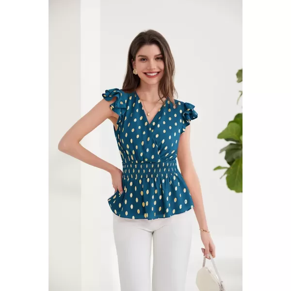 GRACE KARIN Peplum Tops for Women Wrap V Neck Business Casual Blouses Short Sleeve Polka Dot Ruffle Summer Tops ShirtsBlue Green