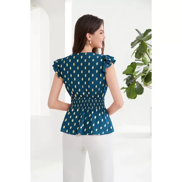 GRACE KARIN Peplum Tops for Women Wrap V Neck Business Casual Blouses Short Sleeve Polka Dot Ruffle Summer Tops ShirtsBlue Green