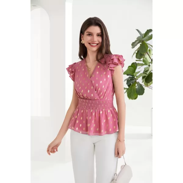 GRACE KARIN Peplum Tops for Women Wrap V Neck Business Casual Blouses Short Sleeve Polka Dot Ruffle Summer Tops ShirtsPink