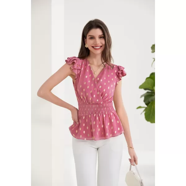 GRACE KARIN Peplum Tops for Women Wrap V Neck Business Casual Blouses Short Sleeve Polka Dot Ruffle Summer Tops ShirtsPink