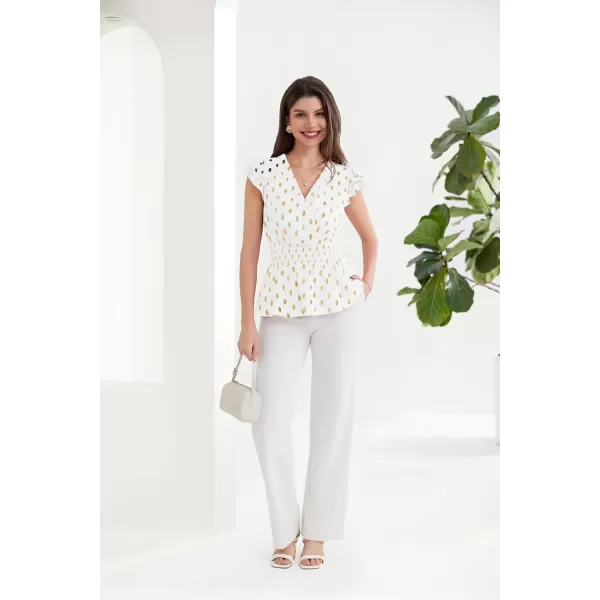 GRACE KARIN Ruffle Tops for Women Wrap V Neck Cap Sleeve Peplum Tops Sparkly Polka Dots Blouse Shirt Elastic WaistWhite