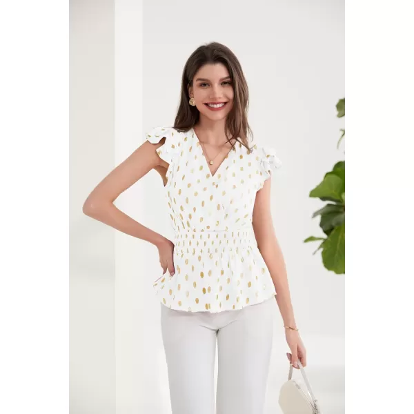 GRACE KARIN Ruffle Tops for Women Wrap V Neck Cap Sleeve Peplum Tops Sparkly Polka Dots Blouse Shirt Elastic WaistWhite