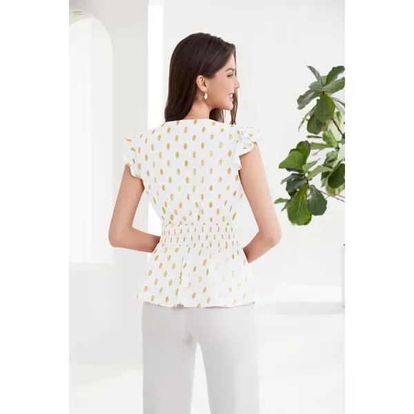 GRACE KARIN Ruffle Tops for Women Wrap V Neck Cap Sleeve Peplum Tops Sparkly Polka Dots Blouse Shirt Elastic WaistWhite