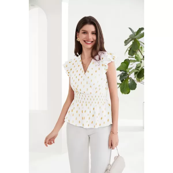 GRACE KARIN Ruffle Tops for Women Wrap V Neck Cap Sleeve Peplum Tops Sparkly Polka Dots Blouse Shirt Elastic WaistWhite