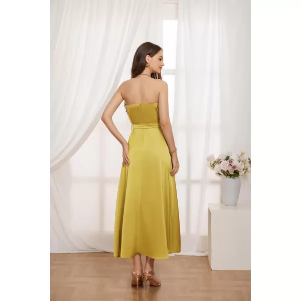 GRACE KARIN Satin Dress for Women with Chain Halter Dresses Belt Slit Cocktail Maxi DressYellowgreen