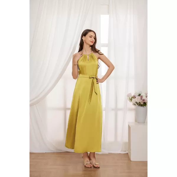 GRACE KARIN Satin Dress for Women with Chain Halter Dresses Belt Slit Cocktail Maxi DressYellowgreen