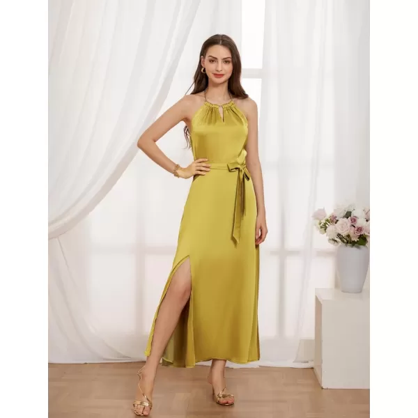 GRACE KARIN Satin Dress for Women with Chain Halter Dresses Belt Slit Cocktail Maxi DressYellowgreen