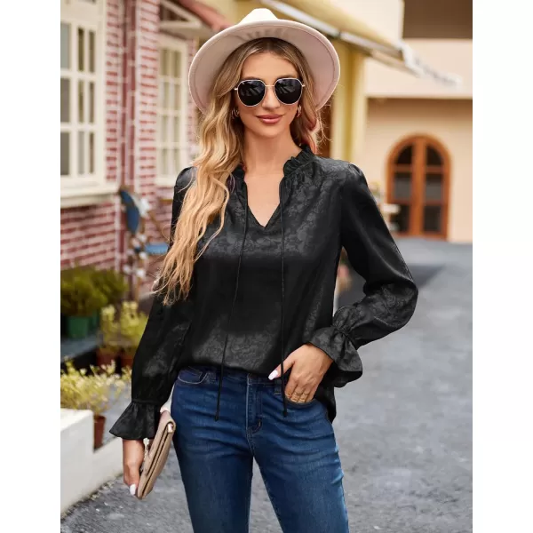 GRACE KARIN Satin Tops for Women Ruffle Bell Long Sleeve V Neck Loose Office Work Blouse Shirts Silk TopsBlackjacquard