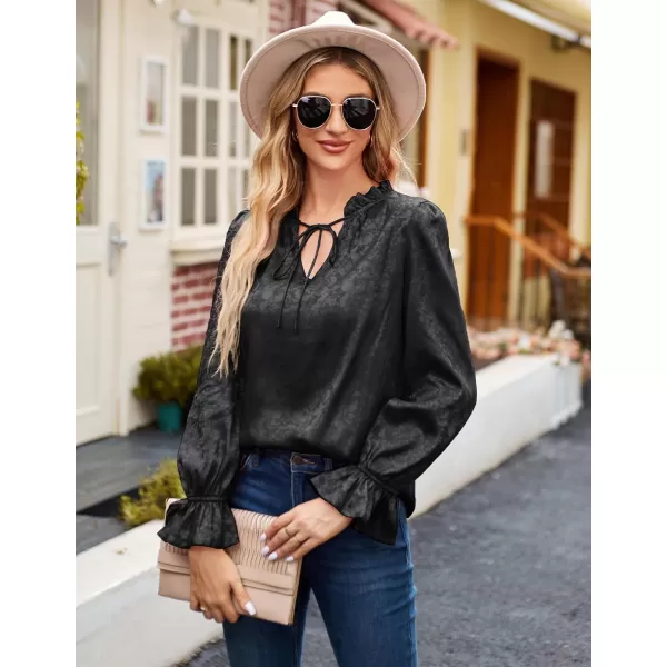 GRACE KARIN Satin Tops for Women Ruffle Bell Long Sleeve V Neck Loose Office Work Blouse Shirts Silk TopsBlackjacquard