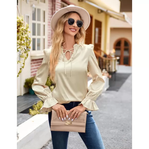 GRACE KARIN Satin Tops for Women Ruffle Bell Long Sleeve V Neck Loose Office Work Blouse Shirts Silk TopsChampagnesolid