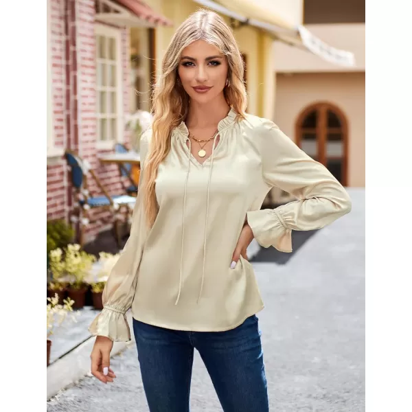 GRACE KARIN Satin Tops for Women Ruffle Bell Long Sleeve V Neck Loose Office Work Blouse Shirts Silk TopsChampagnesolid