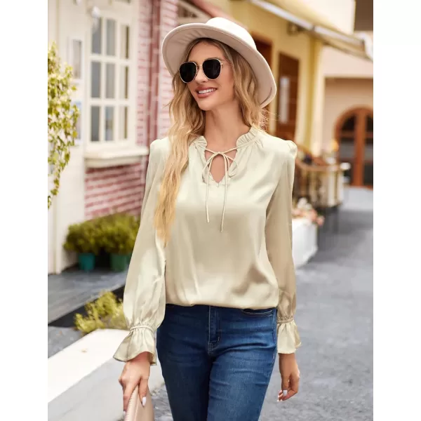 GRACE KARIN Satin Tops for Women Ruffle Bell Long Sleeve V Neck Loose Office Work Blouse Shirts Silk TopsChampagnesolid