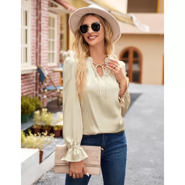 GRACE KARIN Satin Tops for Women Ruffle Bell Long Sleeve V Neck Loose Office Work Blouse Shirts Silk TopsChampagnesolid