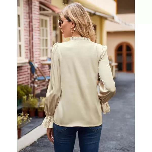 GRACE KARIN Satin Tops for Women Ruffle Bell Long Sleeve V Neck Loose Office Work Blouse Shirts Silk TopsChampagnesolid