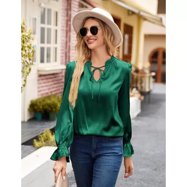 GRACE KARIN Satin Tops for Women Ruffle Bell Long Sleeve V Neck Loose Office Work Blouse Shirts Silk TopsDark Greensolid