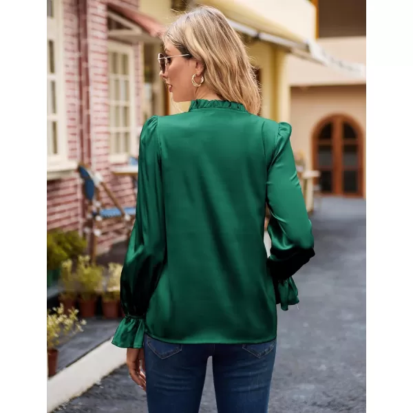 GRACE KARIN Satin Tops for Women Ruffle Bell Long Sleeve V Neck Loose Office Work Blouse Shirts Silk TopsDark Greensolid