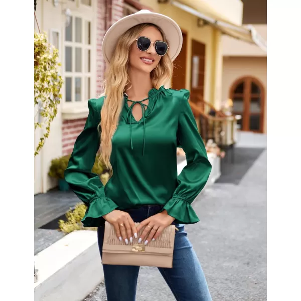 GRACE KARIN Satin Tops for Women Ruffle Bell Long Sleeve V Neck Loose Office Work Blouse Shirts Silk TopsDark Greensolid