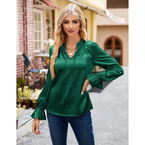 GRACE KARIN Satin Tops for Women Ruffle Bell Long Sleeve V Neck Loose Office Work Blouse Shirts Silk TopsDark Greensolid