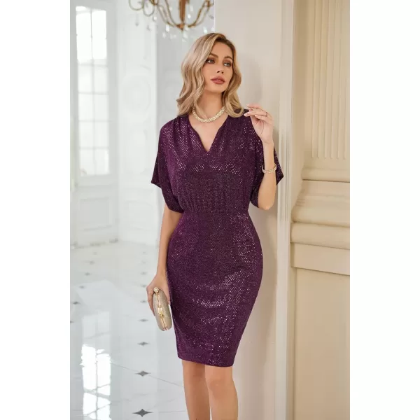 GRACE KARIN Sequin Dresses for Women Sparkly Batwing Sleeves V Neck Midi Bodycon Dress Cocktail PartyPurple