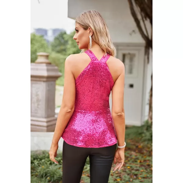 GRACE KARIN Sequin Halter Tops for Women 2023 Christmas Sleeveless Peplum Sparkle Tops Party Club Dressy ShirtRose Red