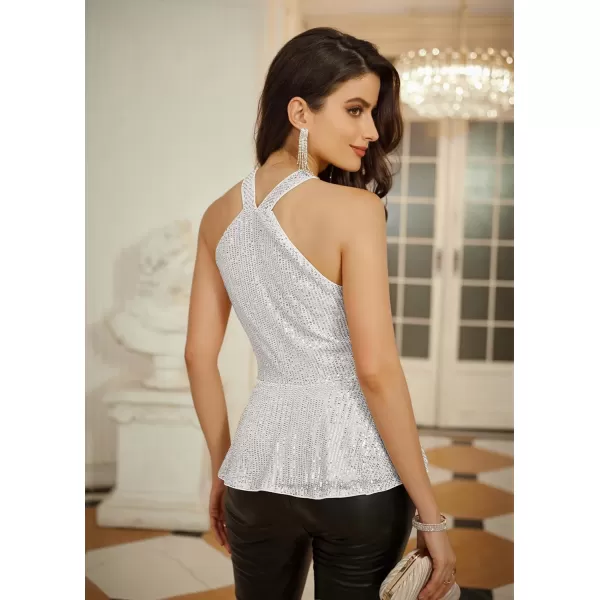GRACE KARIN Sequin Halter Tops for Women 2023 Christmas Sleeveless Peplum Sparkle Tops Party Club Dressy ShirtSilver White
