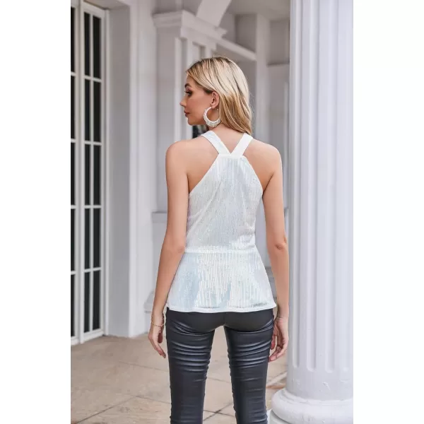 GRACE KARIN Sequin Halter Tops for Women 2023 Christmas Sleeveless Peplum Sparkle Tops Party Club Dressy ShirtWhite